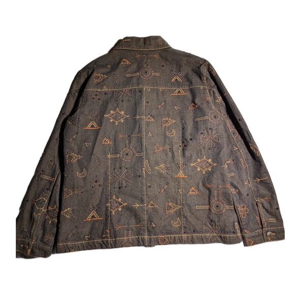 Vtg 1990s Chico's Brown Denim Silk Lined Primitive Tribal Embroidered Jacket 2 L - Picture 2 of 4